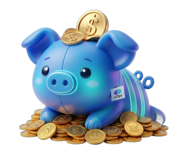 Penny, the nOps piggy bank, on a pile of coins