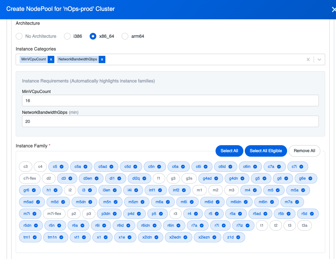 A screenshot of the nOps dashboard for creating NodePool