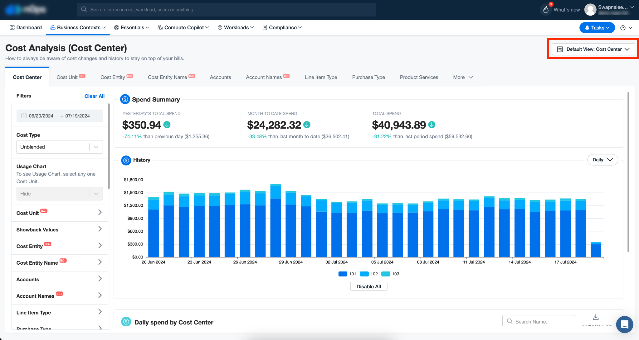 The nOps default view displaying Showbacks 101, 102, and 103. Each Showback represents the spending associated with a different product, service, team, or other specific segment of cloud data.