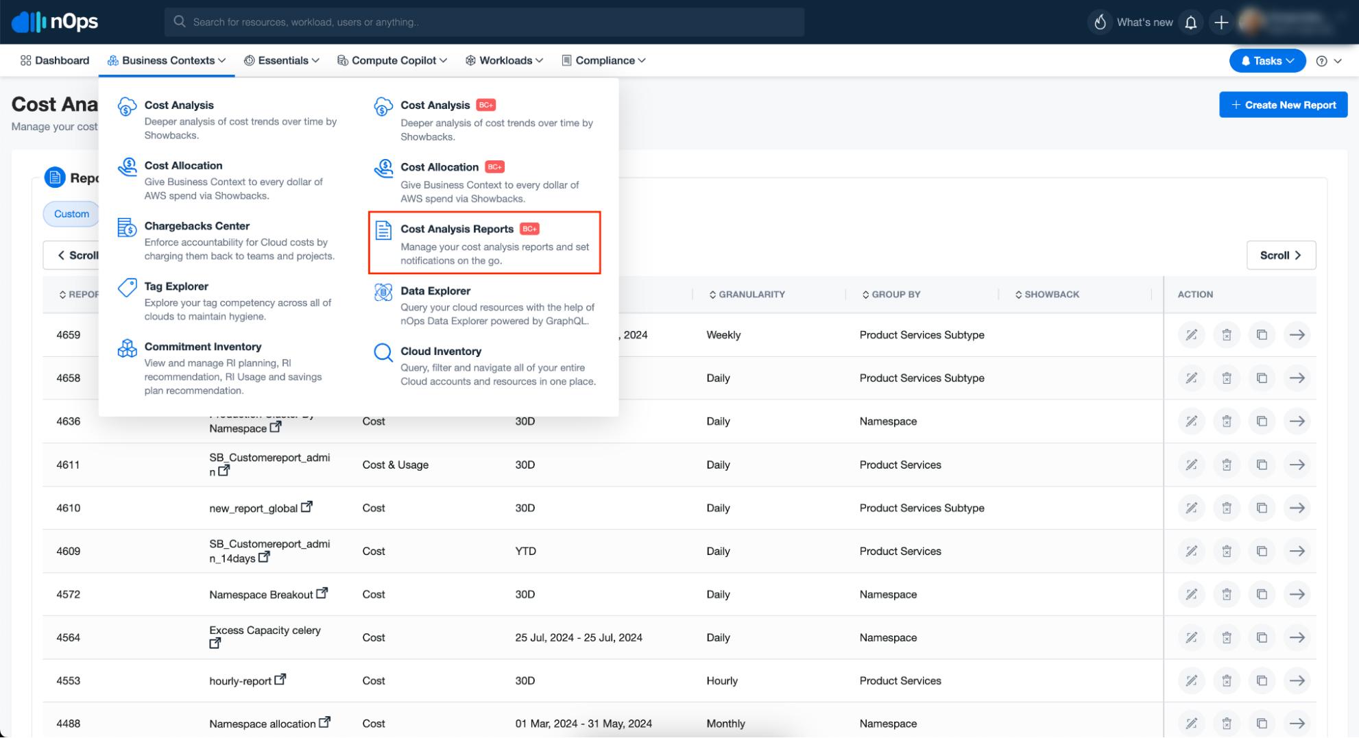 Navigate to Cost Analysis Reports in the nOps dashboard