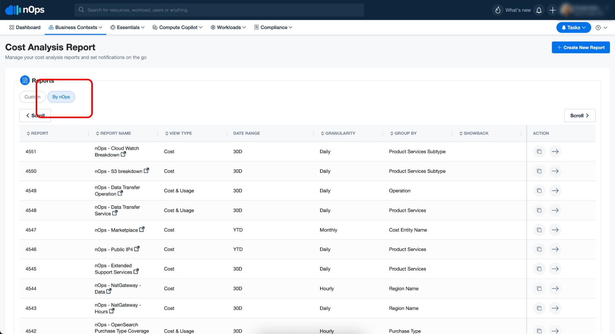 List of Cost Analysis Reports in the nOps dashboard