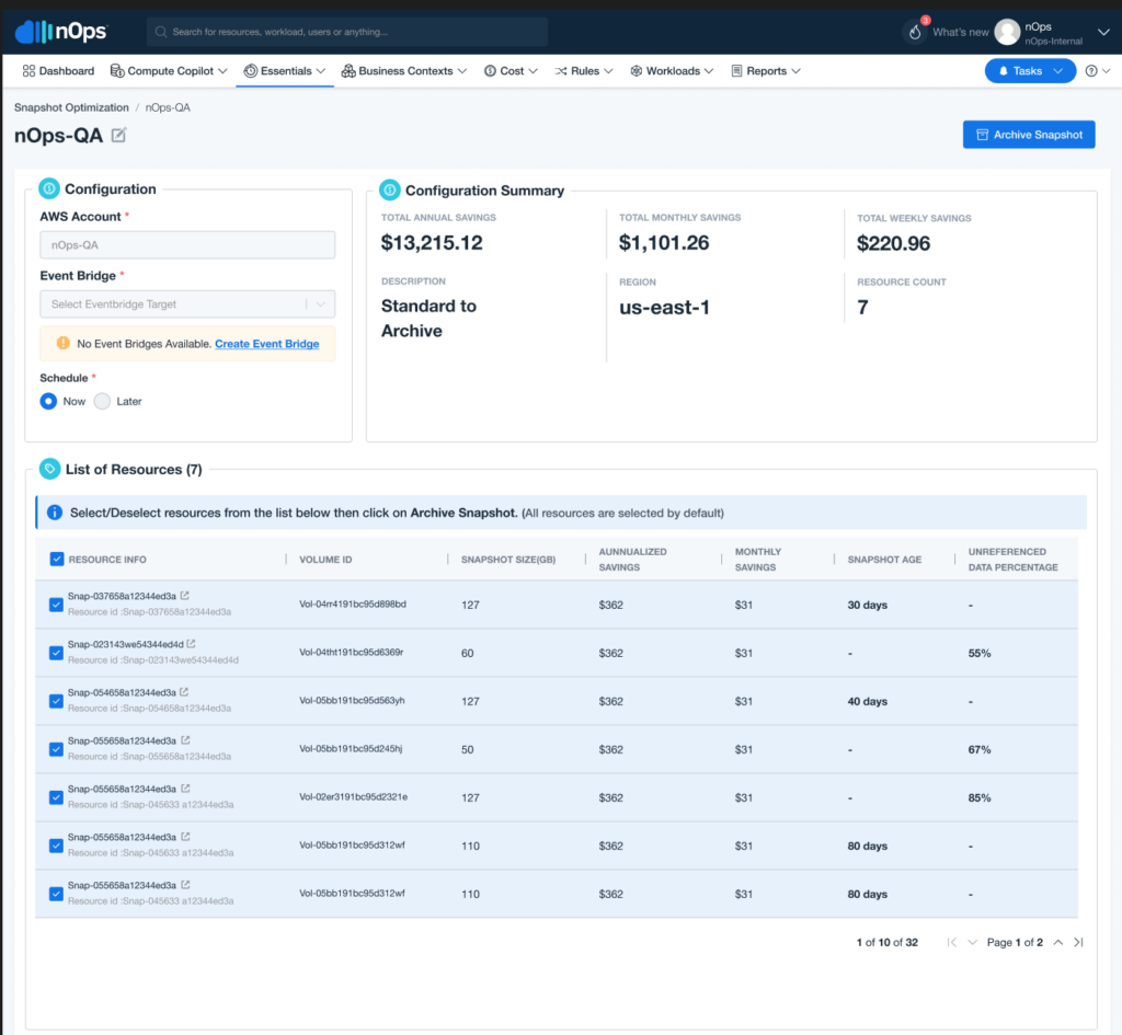 Review snapshots to archive in the nOps dashboard