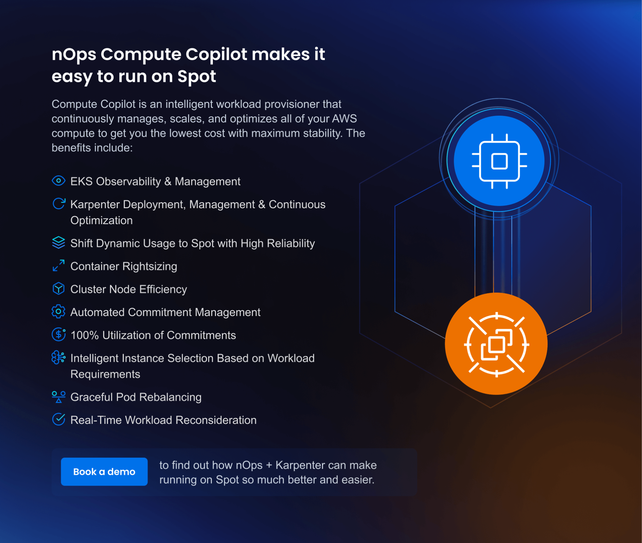 A graphic illustrating the benefits of using nOps Compute Copilot with Karpenter for Amazon EKS. The key features highlighted include EKS observability and management, Karpenter deployment, management, and continuous optimization, shifting dynamic usage to Spot with high reliability, container rightsizing, cluster node efficiency, automated commitment management, 100% utilization of commitments, intelligent instance selection based on workload requirements, graceful pod rebalancing, and real-time workload reconsideration. The graphic also includes a call to action to book a demo.