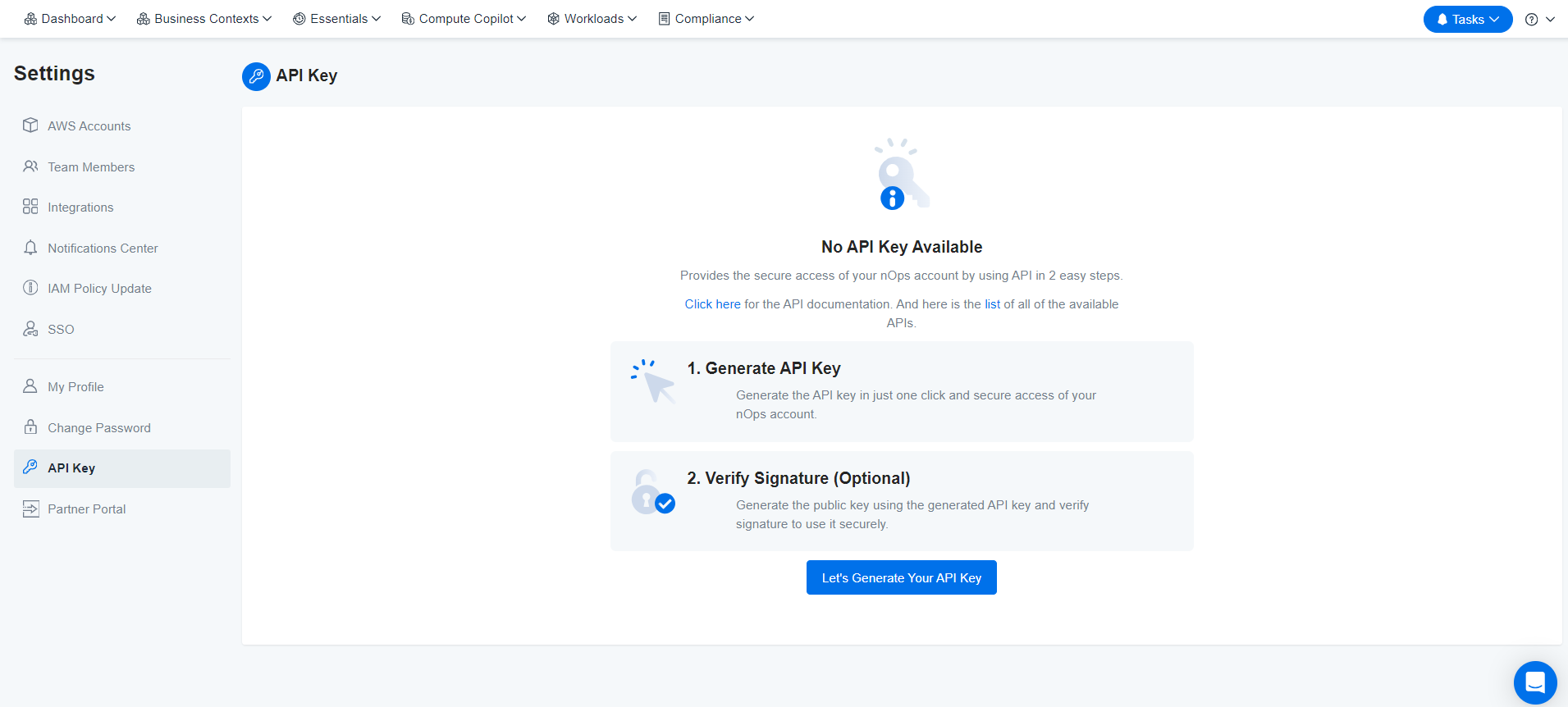 A screenshot of API Key integration section in nOps dashboard