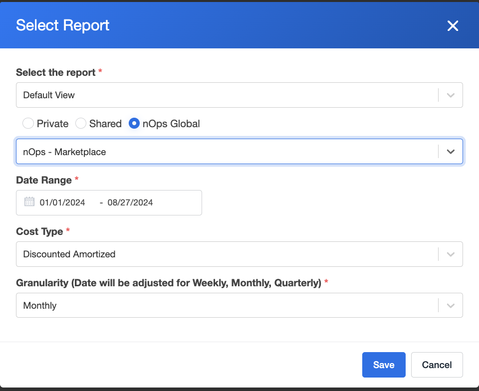 Screenshot of dialog box to select a report to create a dashboard