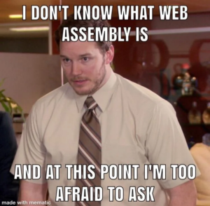 A meme with the text "I DON'T KNOW WHAT WEB ASSEMBLY IS AND AT THIS POINT I'M TOO AFRAID TO ASK," made with mematic. The image is a lighthearted joke about the complexity of web assembly.