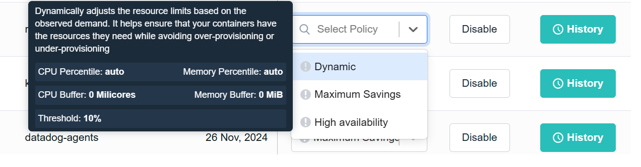 The image shows a table with rows representing different workloads and their associated auto-rightsizing policies. Each row has a policy name, a date, a dropdown menu to select a policy, a "Disable" button, and a "History" button. The first row shows a policy for the "worker-redis-master" workload, which dynamically adjusts resource limits based on observed demand. The second row shows a policy for the "datadog-agents" workload, which is currently disabled. The image also shows a dropdown menu with various policy options, including "Dynamic," "Maximum Savings," and "High Availability." These options represent different strategies for optimizing resource allocation.