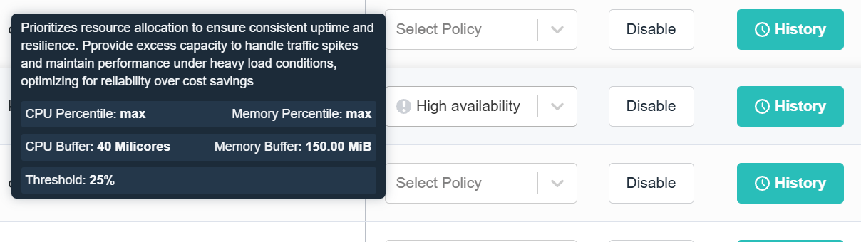 The image shows a table with three rows, each representing a different policy. Each row has a dropdown menu to select a policy, a "Disable" button, and a "History" button. The first row has a policy description prioritizing resource allocation for consistent uptime and resilience, with specific CPU and memory thresholds. The second row has a policy for high availability, and the third row has a policy with a customizable threshold.