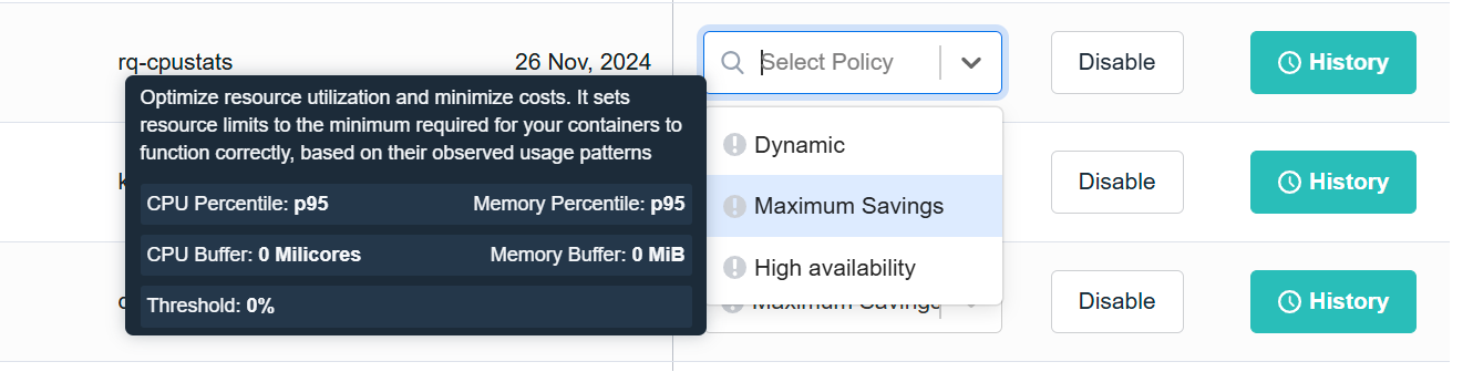 The image shows a table with rows representing different workloads and their associated auto-rightsizing policies. Each row has a policy name, a date, a dropdown menu to select a policy, a "Disable" button, and a "History" button. The first row shows a policy for the "worker-redis-master" workload, which dynamically adjusts resource limits based on observed demand. The second row shows a policy for the "rq-cpustats" workload, which is currently disabled. The image also shows a dropdown menu with various policy options, including "Dynamic," "Maximum Savings," and "High Availability." These options represent different strategies for optimizing resource allocation.