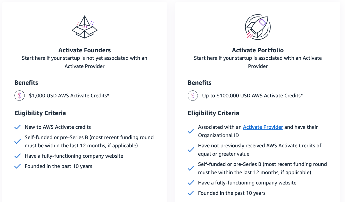 Screenshot of AWS Credits offers - Activate Founders vs Activate Portfolio